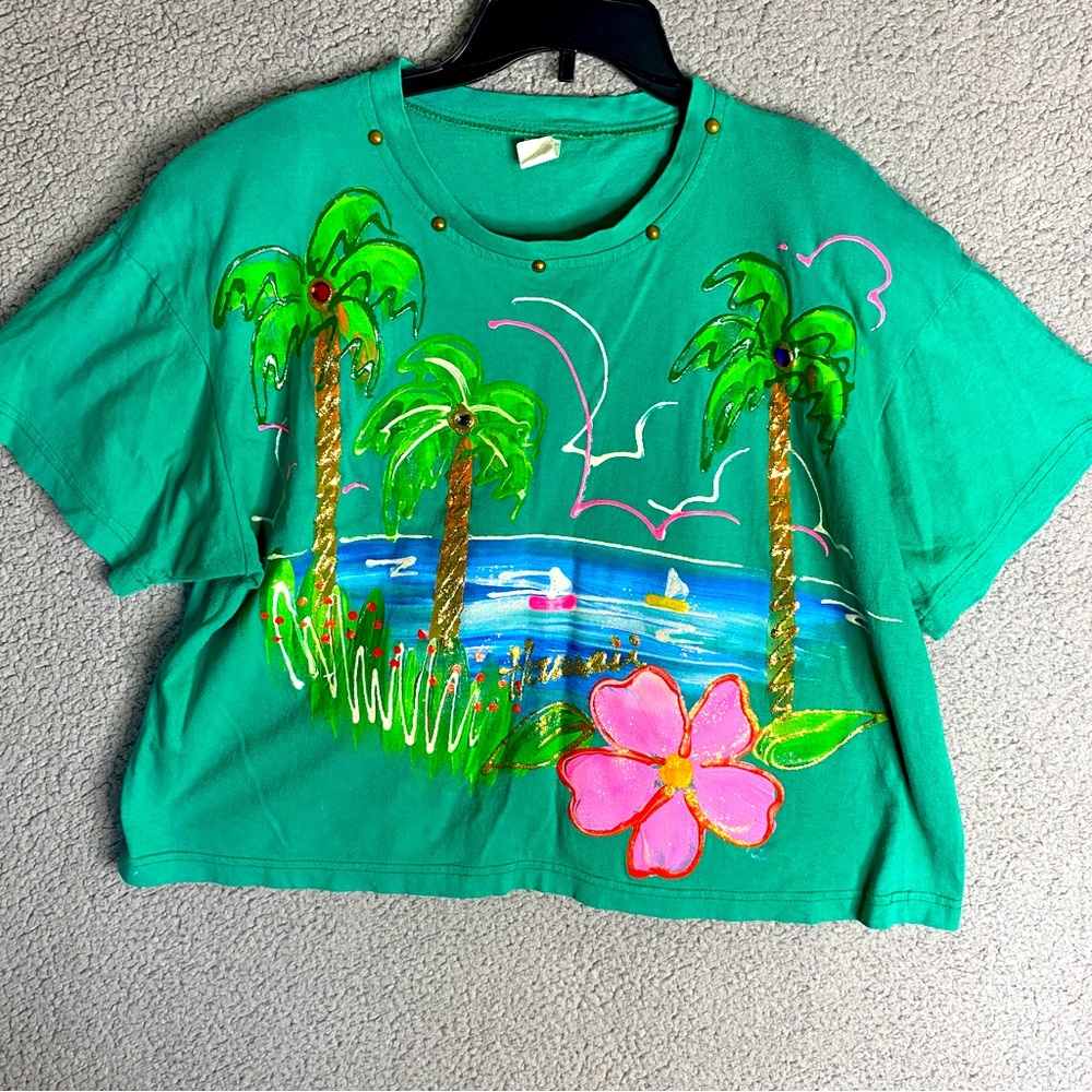 Womens Tropical Too Green Floral Coastal Vintage Short Sleeve Tee T Shirt